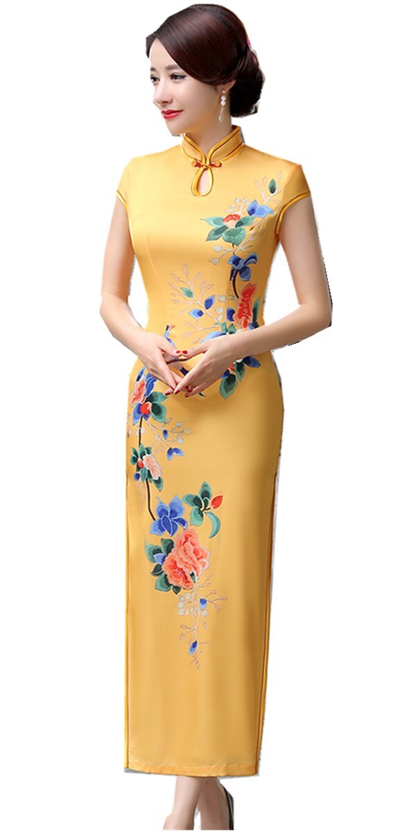 Chinese Traditional Clothes Long Qipao for women: Yellow / L
