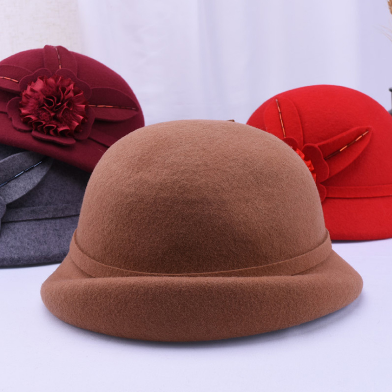 Mother Lady Autumn And Winter Woolen Curling Hats Woman Party Formal Top Grade 100% Wool Felt Hat Bucket Cap