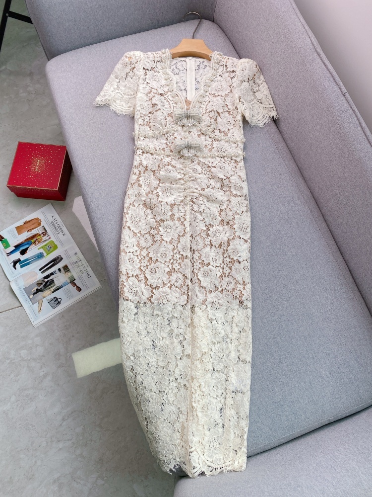 Elegante Spitze Lange Abendkleider Frauen Sommer Kurzarm Perle Kette Bogen Aushöhlen Mantel Bleistift Midi Kleid Party: S