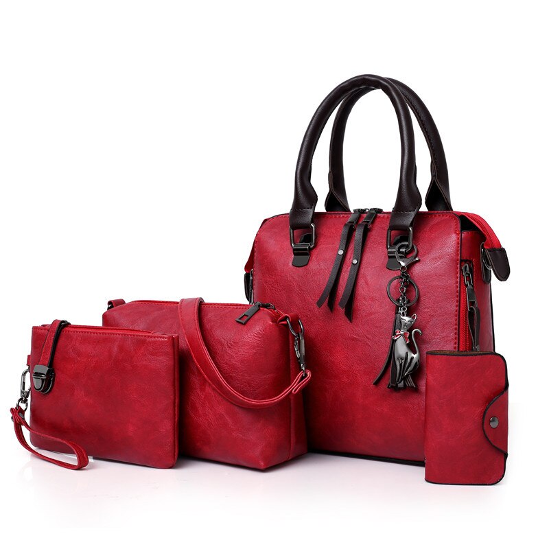 PUIMENTIUA 4 pièces/ensemble sacs à main de luxe femmes couleur unie sac à main femme sac à bandoulière voyage Shopping dames sac à bandoulière: red