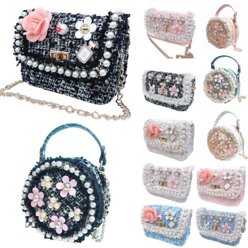 Children Kids Girls Cute Flower Pearl Round Princess Handbag Shoulder Messenger Bag Cross Body Bag