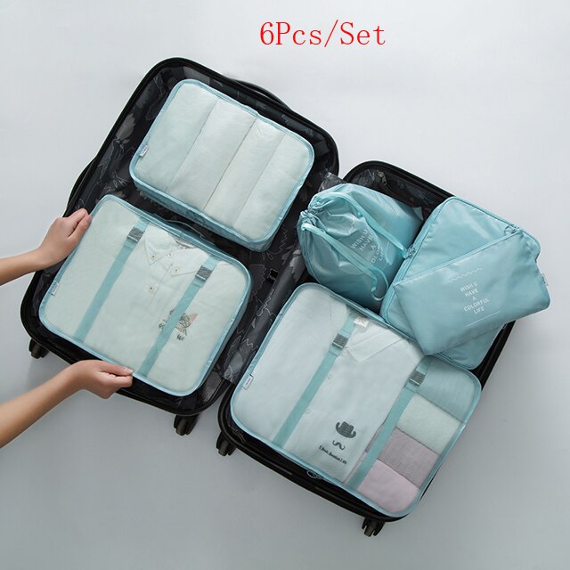 6Pcs/9 Stks/set Reizen Verpakking Cube Ondergoed Bagage Schoenen Kleding Organizer Waterdichte Reistassen Kleding Sorteren Organiseer Bag: 6Pcs-Blue