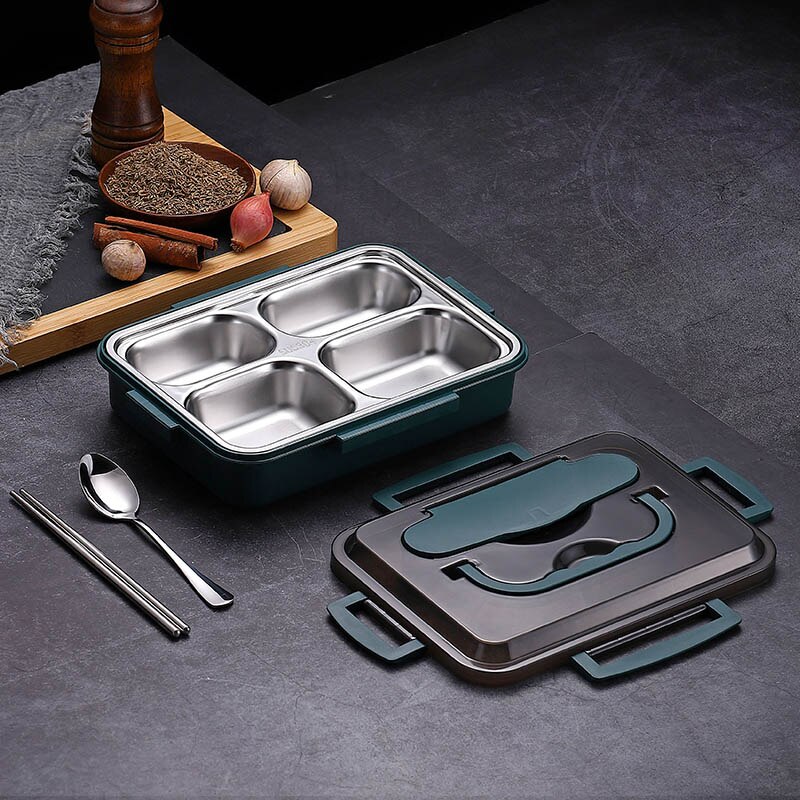 WORTHBUY Japanese Lunch Box For Kids 18/8 Stainless Steel Bento Box With Compartments Tableware Kitchen Food Storage Container: 4 Grids Green