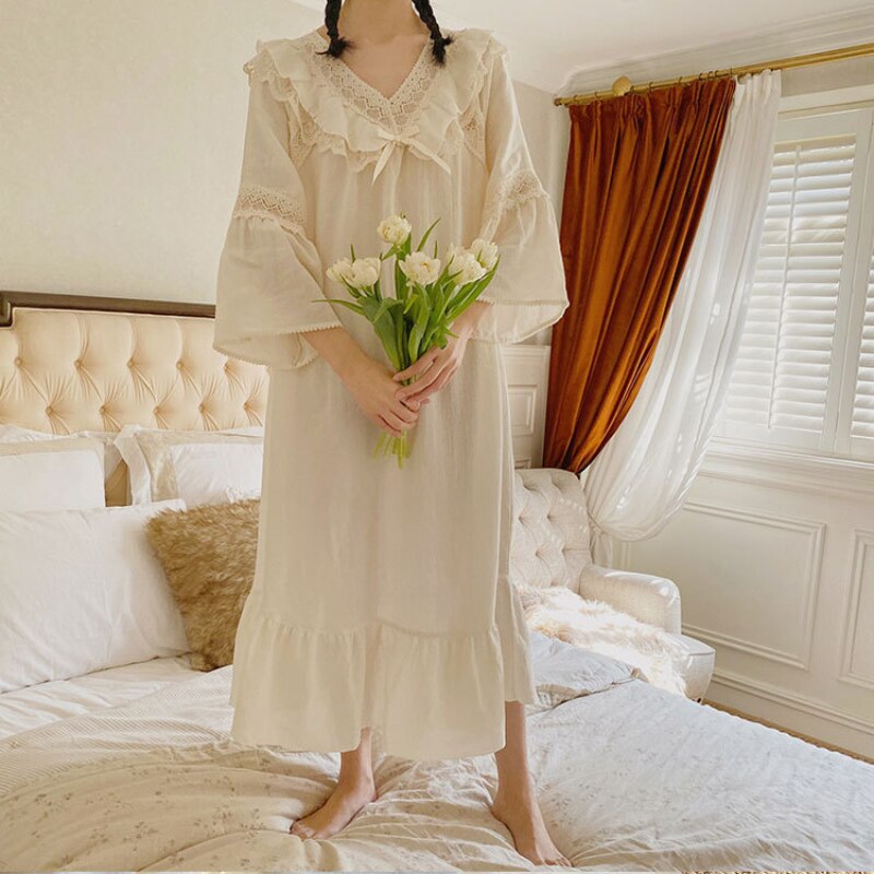 Camisones Vintage de algodón Beige para mujer, ropa de dormir suelta de manga larga, Victoriano Peignoir vestido de noche, para mujer, ropa de salón para el hogar
