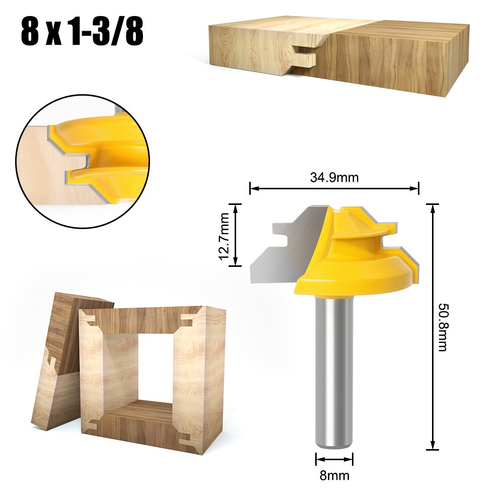 Vástago de 8mm, bloqueo de 45 grados, broca enrutadora de inglete, fresa, herramienta de carpintería de espiga para corte de madera, aleación de carburo 6/6,35mm 1-1/2: 35mm