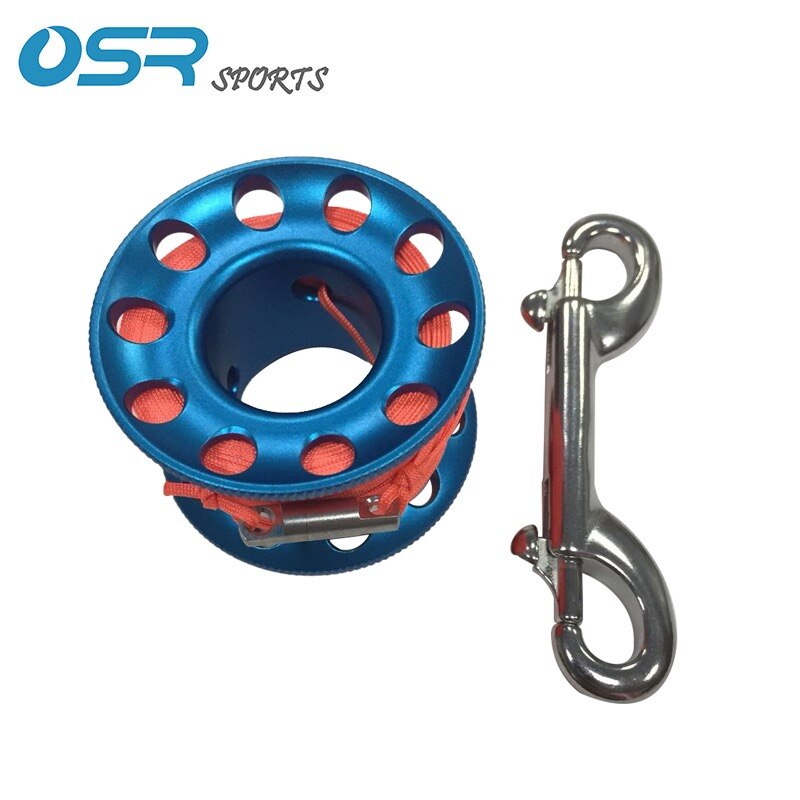 Duiken Aluminium Reel met 30m orange platte touw met 90mm 316 rvs double end karabijnhaak en twist protector: Blue