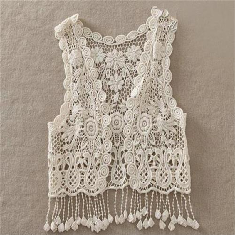 spring Summer baby Boy Girls Vest Jacket Kid Cotton Waistcoat baby Solid Liner Crochet Lace Hollow Cardigan Tops Tassels: Beige