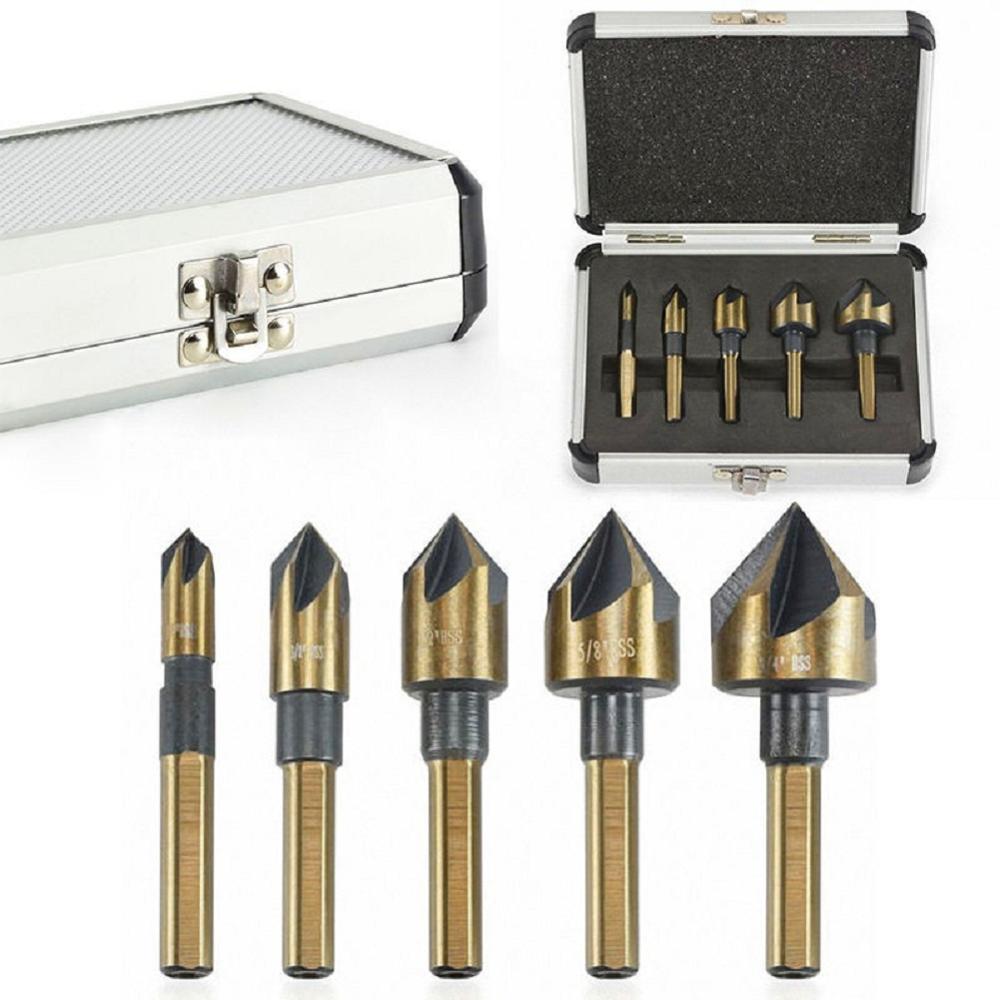 5 pcs 5 Flute Countersink Drill Bit HSS 82 Degree Point Angle Chamfer Chamfering Cutter 1/4" Round Shank For Power Tool