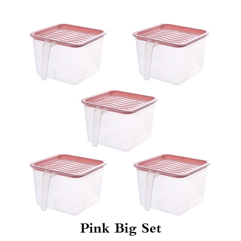 Kitchen Food Container Transparent Storage Box With Handle Refrigerator Drawer Organizer Plastic Fridge Storage Bin Containers: Pink-b-set