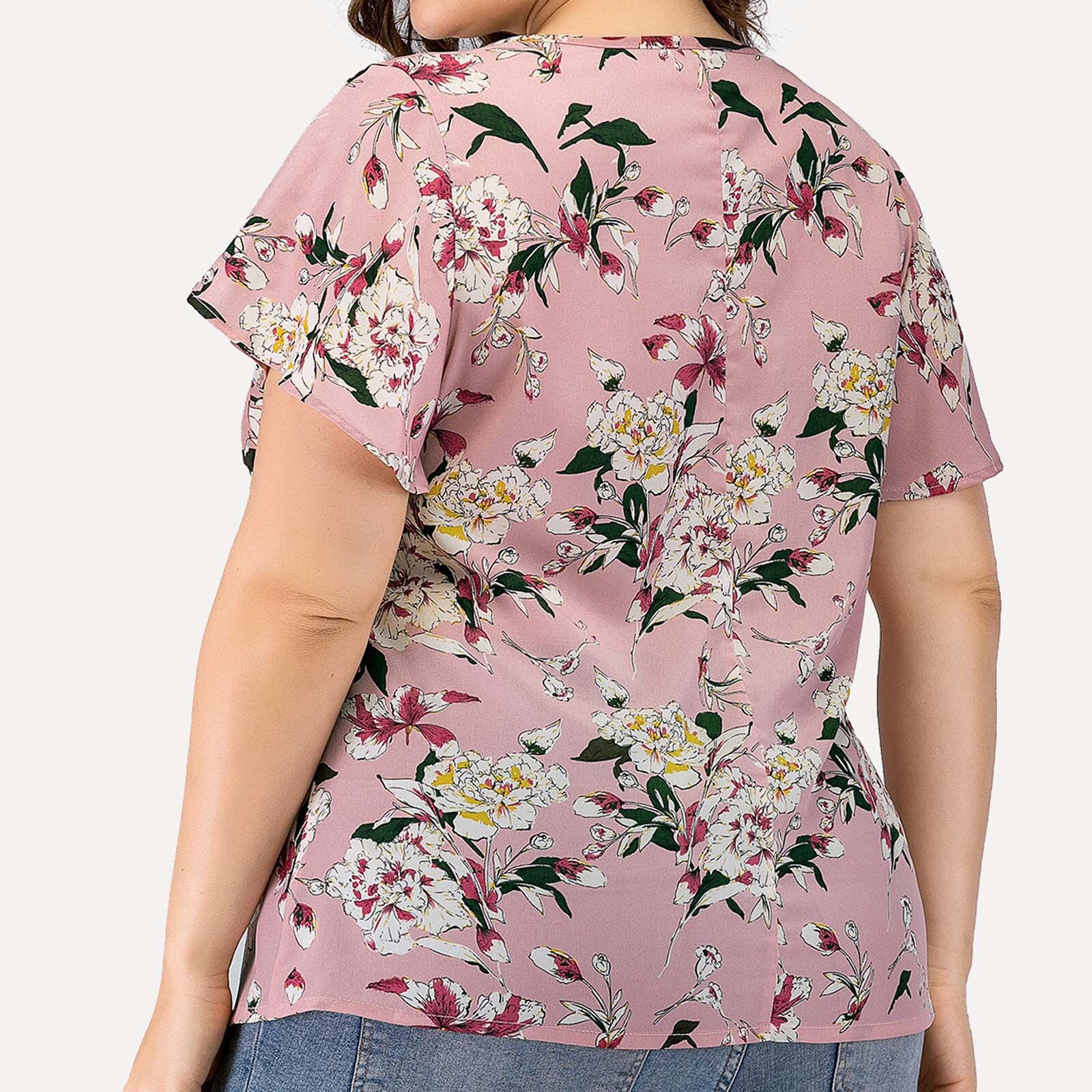 4# Women Plus Size Blouses Patchwork Flora Printed Print Lace Patchwork Shirts V-neck Short Sleeved Shirt Tops White Shirt Tops