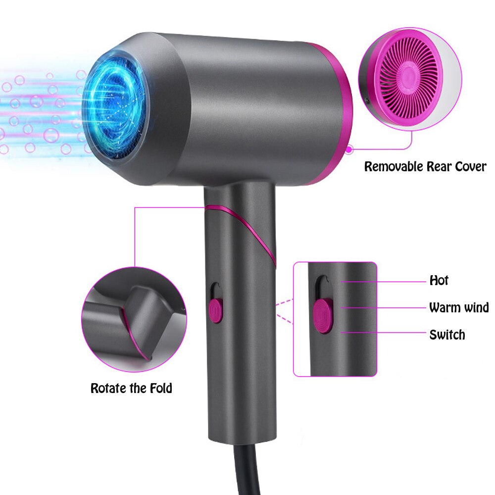 Hair Dryer 2000W Portable Handle Seamless Folding Household Hair Dryer Strong Wind Air Cold Air Diffuser Fast Dry