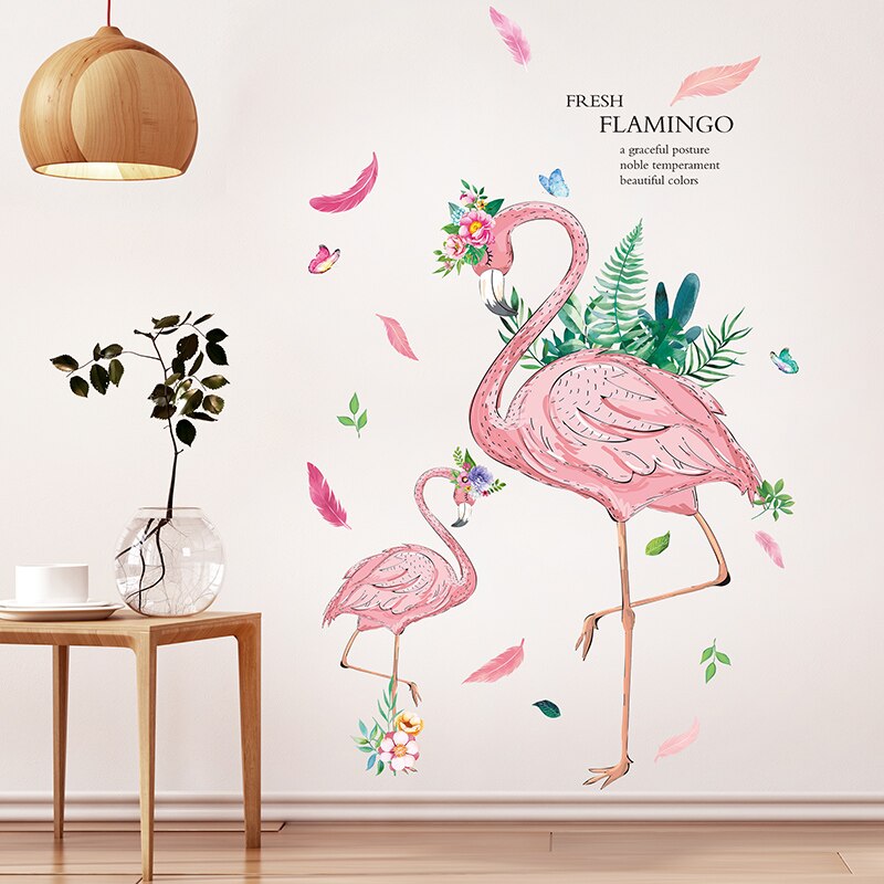 [shijuekongjian] Romantic Flamingo Wall Stickers DIY Cartoon Animals Wall Decals for House Kids Rooms Baby Bedroom Decoration
