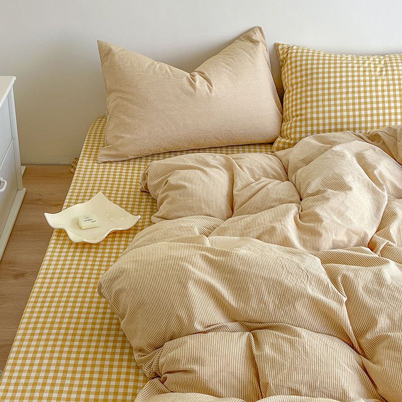 Parure de lit nordique verte à carreaux pour filles et garçons, housse de couette Double Queen Size, drap plat, taie d'oreiller, sans remplissage,: Plein / YELLOW