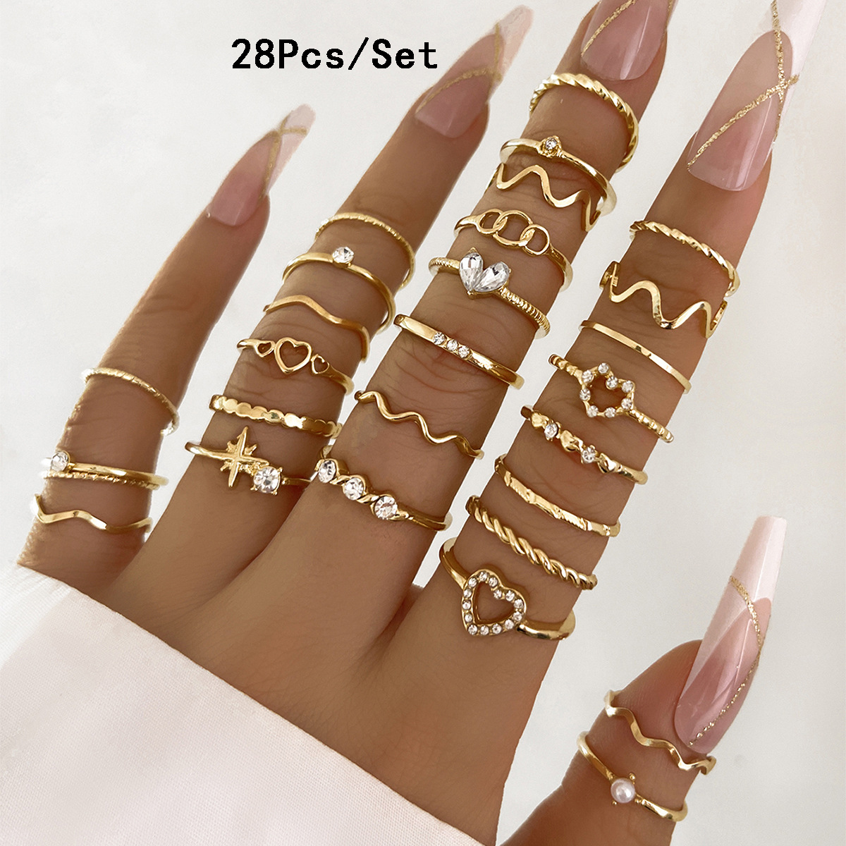 23 Uds. Conjunto de anillos para nudillos a la para mujer, estrella de cristal, Luna, ola de ojo, anillos de Color dorado y plateado, de joyas de a la para mujer: Castaño