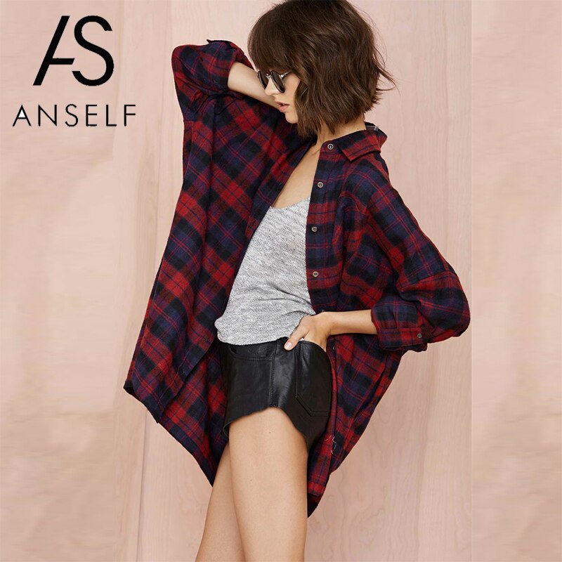 Anself femmes grande taille chemises à carreaux femme surdimensionné chemise Tartan poche col rabattu à manches longues coton décontracté femme hauts