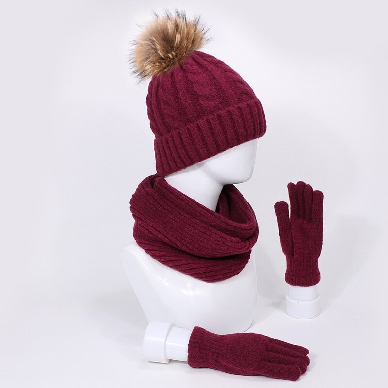 Gorro de piel Real con pompón, gorros, bufandas, guantes, conjunto de tres piezas, gorro grueso para invierno y otoño bufanda, guantes traje Windproo Pom sombrero bufanda, guantes de invierno deportes al aire libre cálida bufanda gorros conjuntos: E