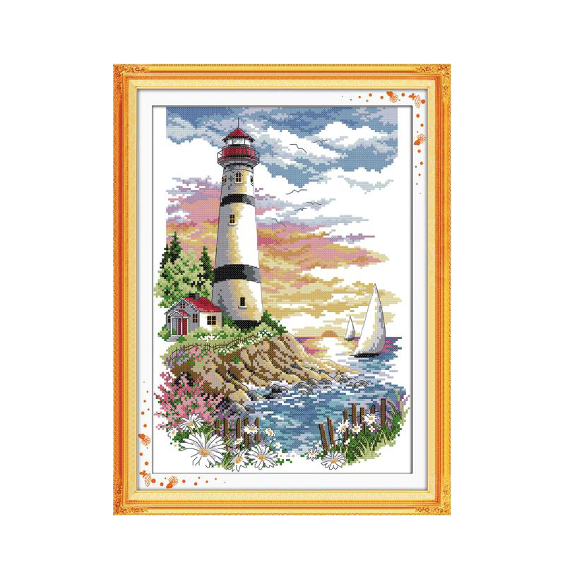 Joy Sunday Seaside lighthouse Small scenery cross stitch kits printed chinese counted embroidery needlework decorations for home: 14CT Unprinted cloth