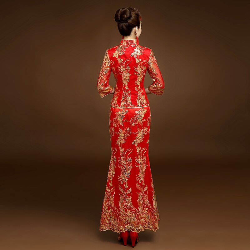 Rode traditionele Chinese stijl Bruid trouwjurken Borduren cheongsam gown robe Party avondjurk trouwen Qipao Vestido S-XXL