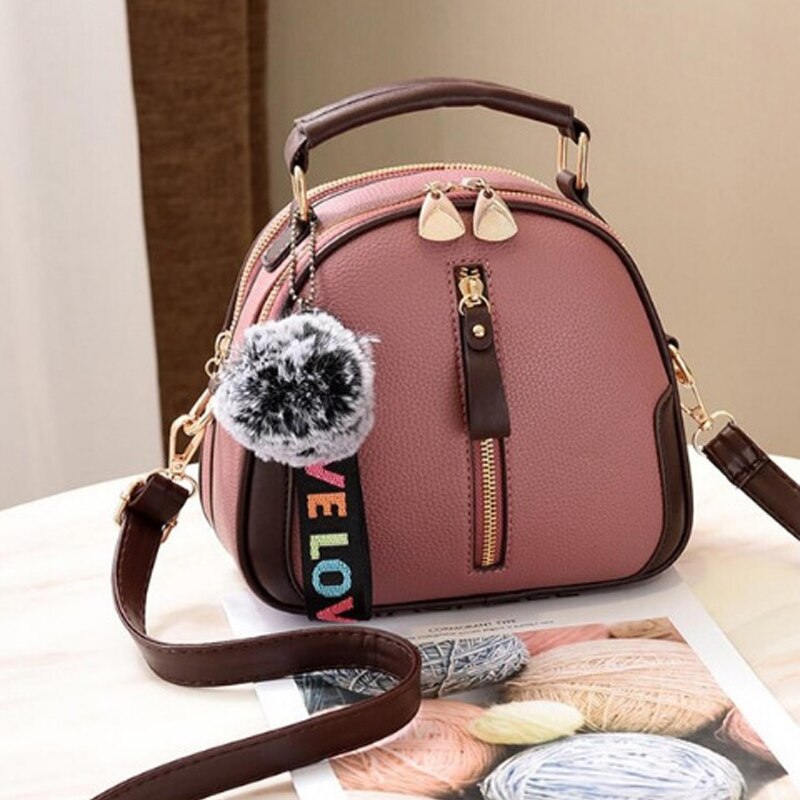 Brand Effen Kleur Vrouwen Shell Tas Draagbare Schoudertas Mode Pu Lederen Elegante Vrouwelijke Tas Met Grijs Haar bal: Pink