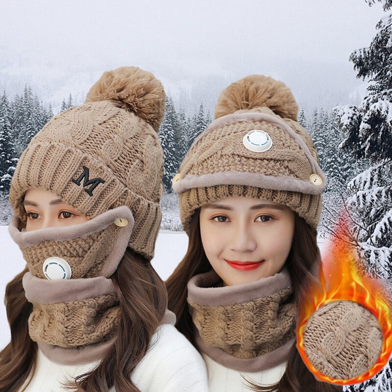 Vinter cykel hat kvinder 3 stykke varme uld beanies skullies hatte med maske krave hagesmæk kvindelig fløjl tykke anti-smog strik hætter: Khaki