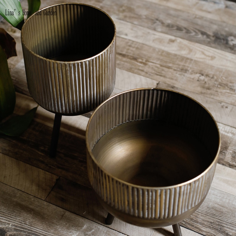 American industrial antique bronze metal flower pot planter