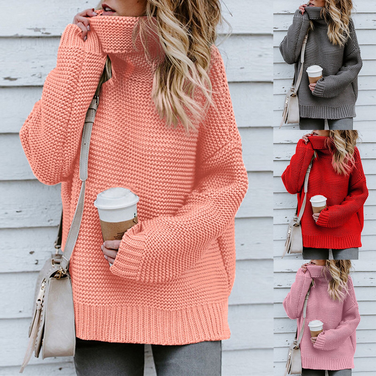 Pull à manches longues et col roulé pour femme, couleur unie, à la , hiver,