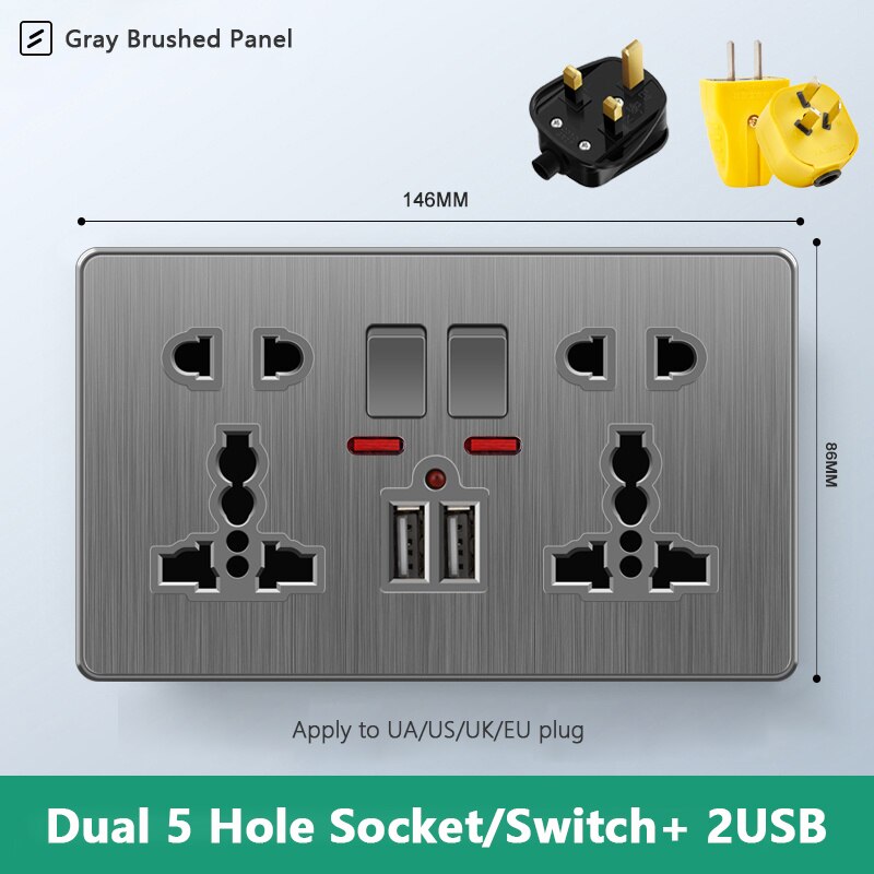 Atlectric Usb Wall Socket Standard Electrical Socketes Gray brushed Panel Multi-function Socket With Switch For Home AC110-250V: 25HD2U2GL
