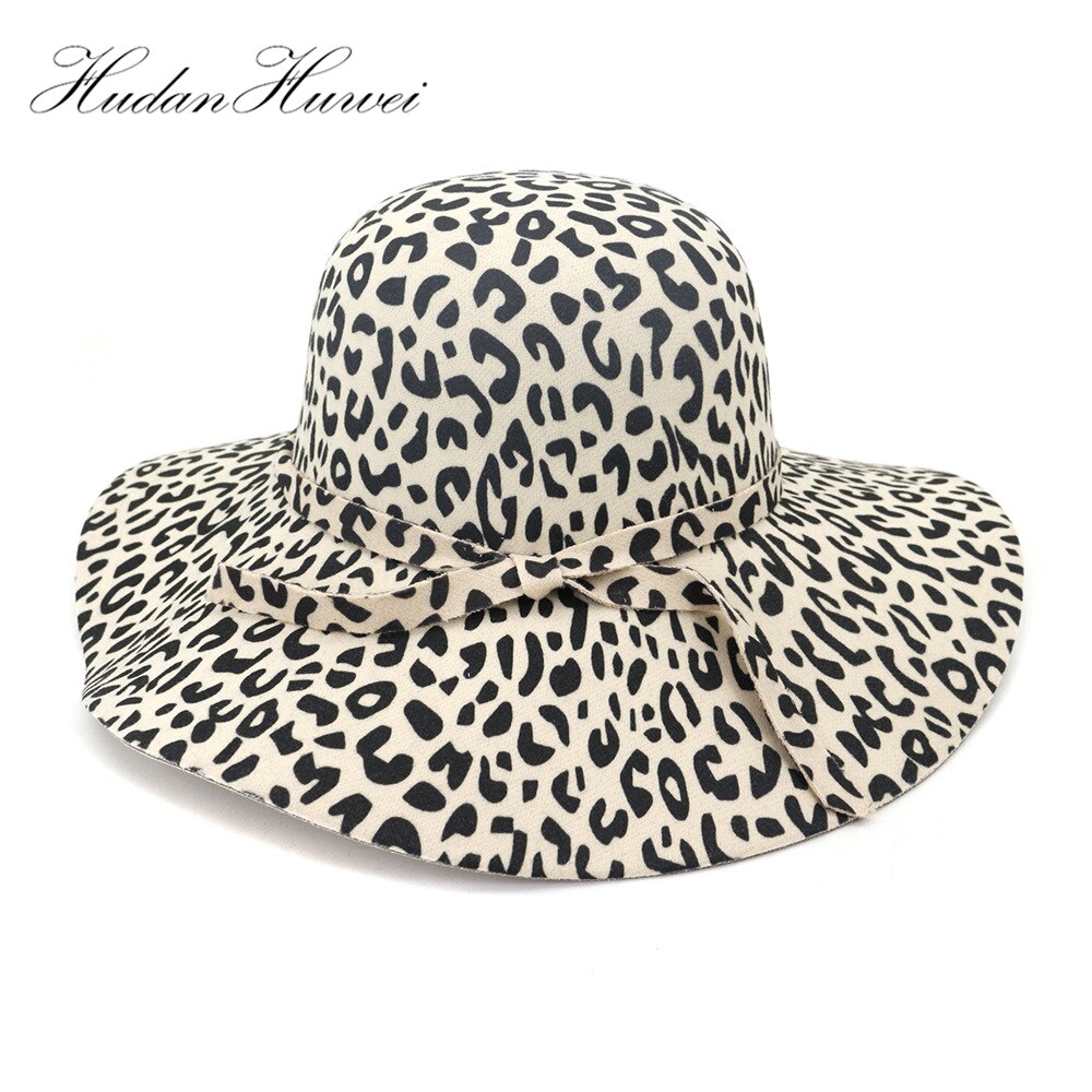 Stor brätte leopardmönstrad filt kupolhatt dam fedora hattar fascinators hatt för kvinnor diskettmössa solskydd chapeau