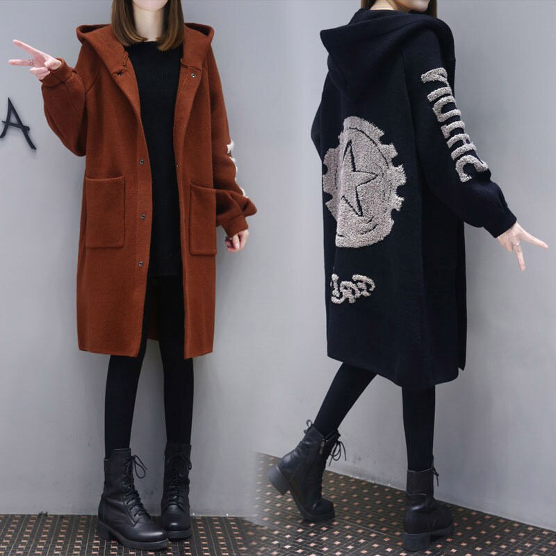 Plus size yllekofta för kvinnor lång lös stickad trenchcoat casual huva casaco feminino tröja kappor  f1449