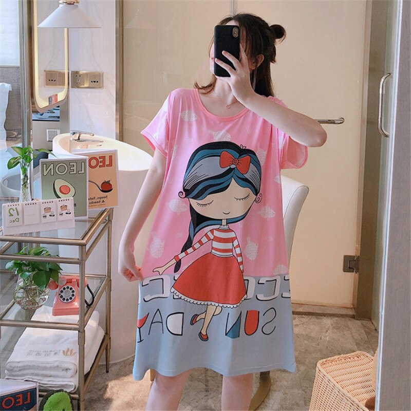 Women Nightdress Cartoon Female Loose Short Sleeve Sleepdress for Ladies Plus Size Summer Casual O-neck Homewear: Pink 3