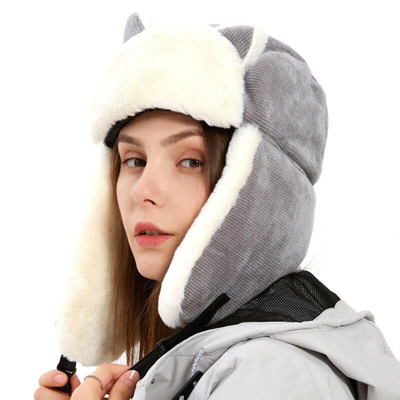 Women Winter Thicken Plush Lining Trooper Bomber Hat Lady Cute Cat Ears Outdoor Cold Weather Snow Ski Windproof Earflap Cap: Gray