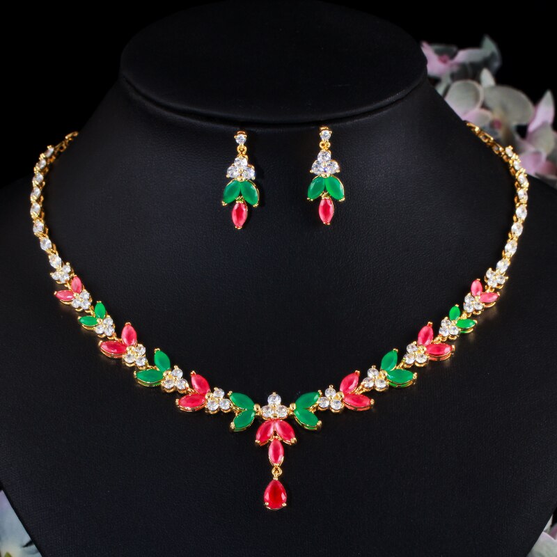 CWWZircons – ensemble de bijoux de mariage en pierre de zircone cubique, collier et boucles d&#39;oreilles, , africain, vert, rouge, T467: gold color