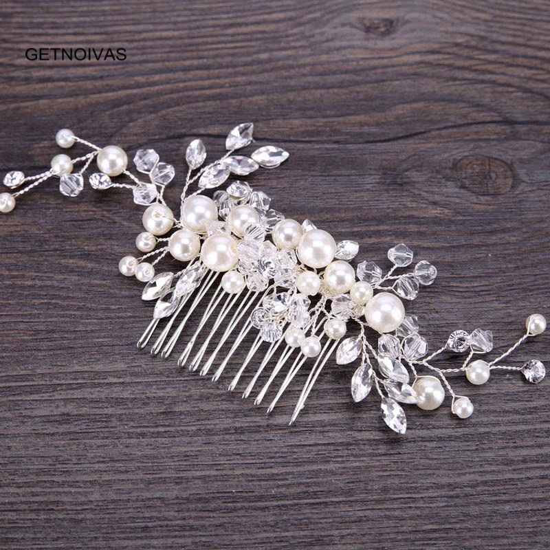 GETNOIVAS Handmade Silber Farbe Perle Blume Haar Kamm Braut Tiara Crown Kopfschmuck Hochzeit Braut Frauen Haar Schmuck Zubehör