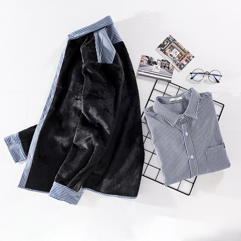 Winter en herfst gestreept met fluweel warm overhemd heren casual comfortabele overhemden voor heren streep chemise camisa