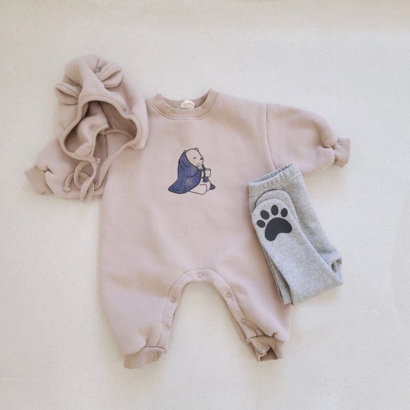 herbst Neue Baby-Karosserie Niedlichen Bären Druck Gesamt Für Kleinkind Mädchen Kleidung Kleinkind Langarm Onesie + Hütte