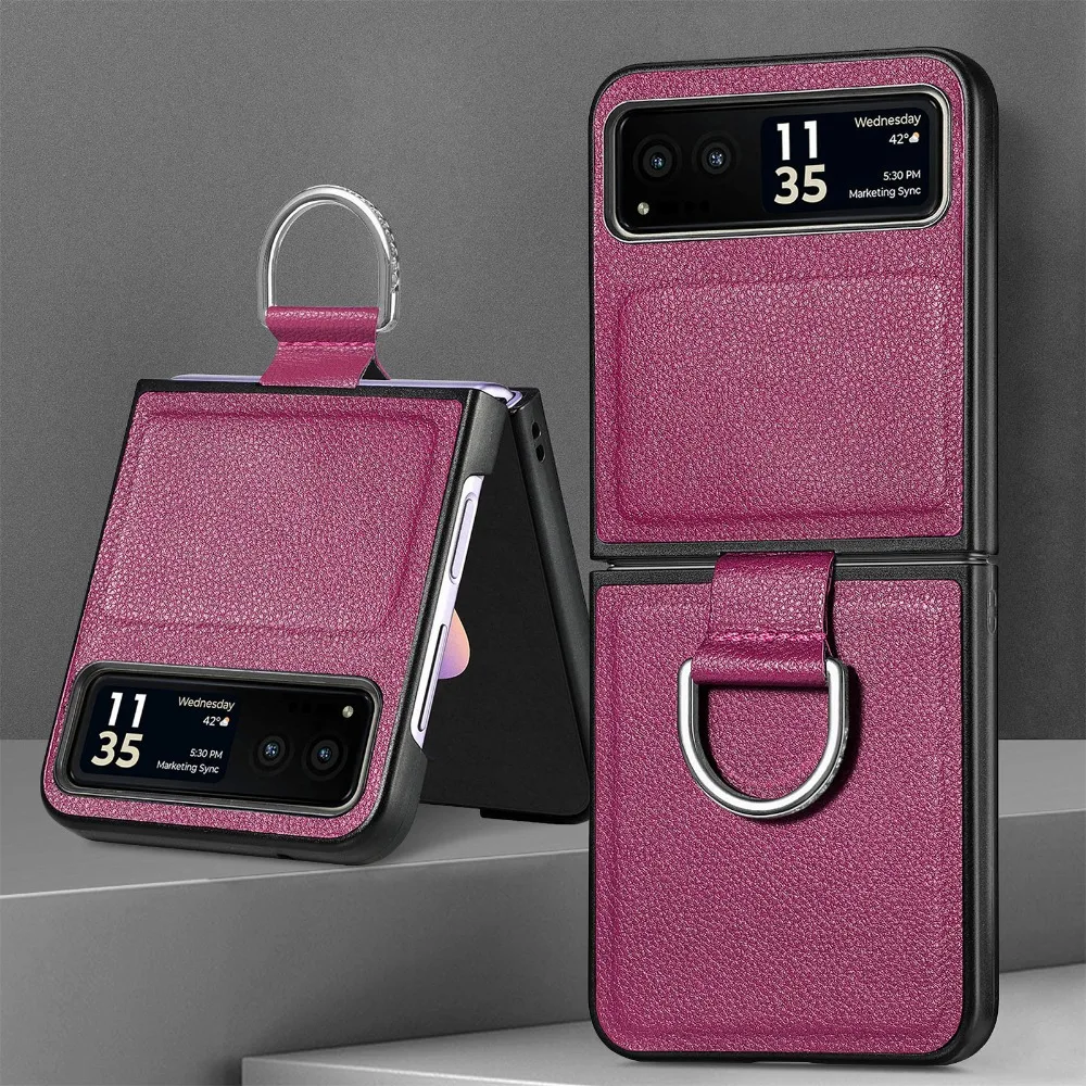 Capa de telefone luxuosa de couro pu para motorola moto razr 60 50 40 ultra com anel padrão de lichia pu tela dobrável capa protetora traseira: ROXO / Razr 50 Motorola