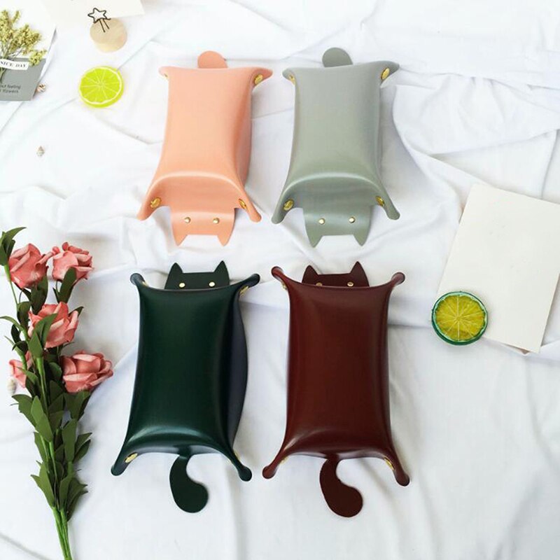 Portable Cat Shape Leather Storage Tray Key Desktop Jewelry Box Coin Makeup Tray Household Folding Tray Storage Box