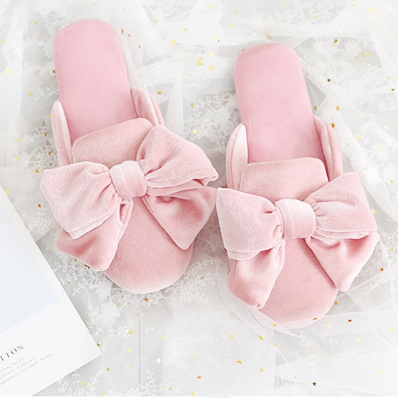 Kvinnors tofflor höst vinter hem golv tofflor rosett knut halkfri mjuk sula inomhus utomhus flip flop skor casual mules skor