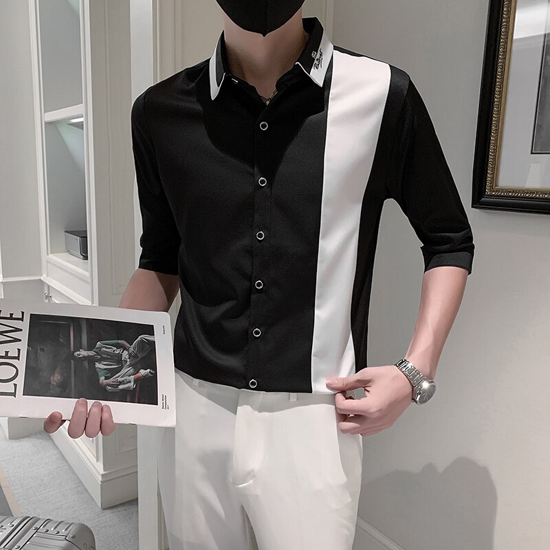 Patchwork Color Half Sleeve Men Casual Shirts Dress Streetwear Spring Summer Slim Fit Club Tuxedo Camisas De Hombre