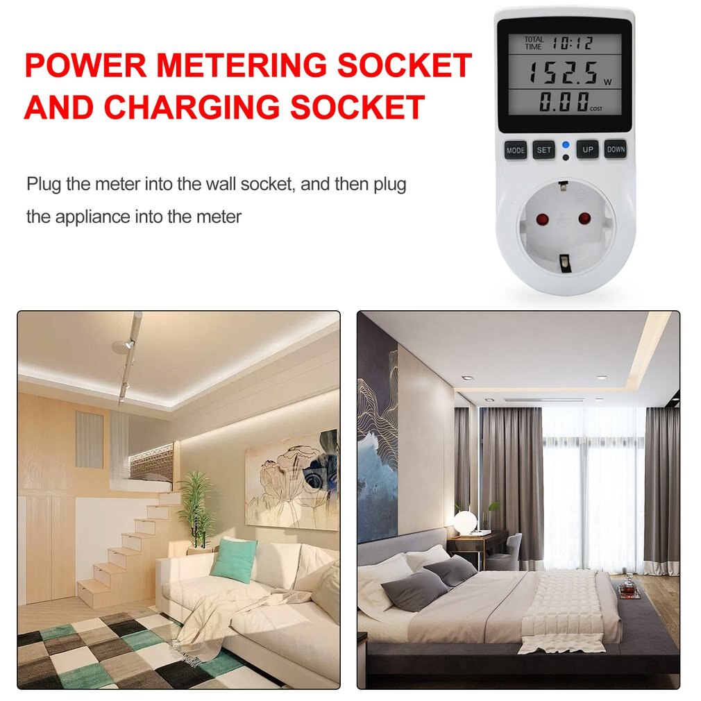 220V Digital Power Meter Wattmeter Socket Wattage Kwh Energy Meter Voltage Watt Electricity Cost Measuring Outlet Power Analyzer