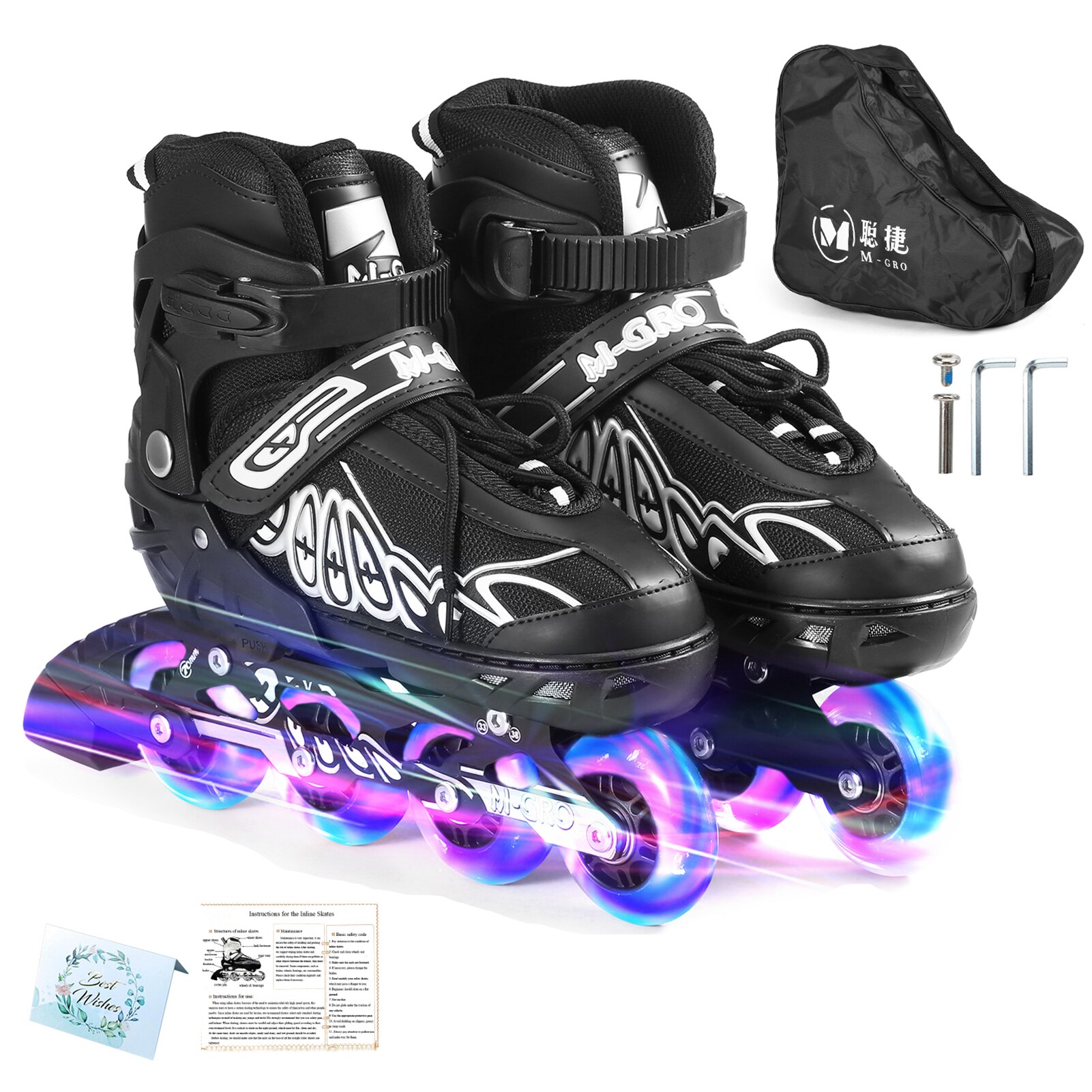 Adjustable Inline Skates with Illuminating 4 Wheels Roller Skates for Kids Boys Girls Ladies Skate Shoes Patines Patins: Black / S