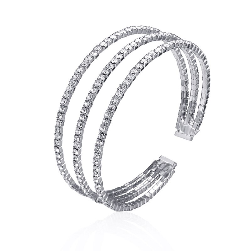 2021Hot Simple Adjustable Crystal Cuff Opening Bracelet For Women Jewelry Girl Rhinestones Mujer Pulseras: 3 row silver BZ