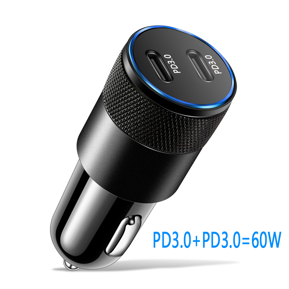 60W USB C szybka ładowarka samochodowa 2 porty ładowarka samochodowa Adapter podwójny typ C PD dla IPhone12 11 Pro Max Samsung Galaxy Note20 Android: Black