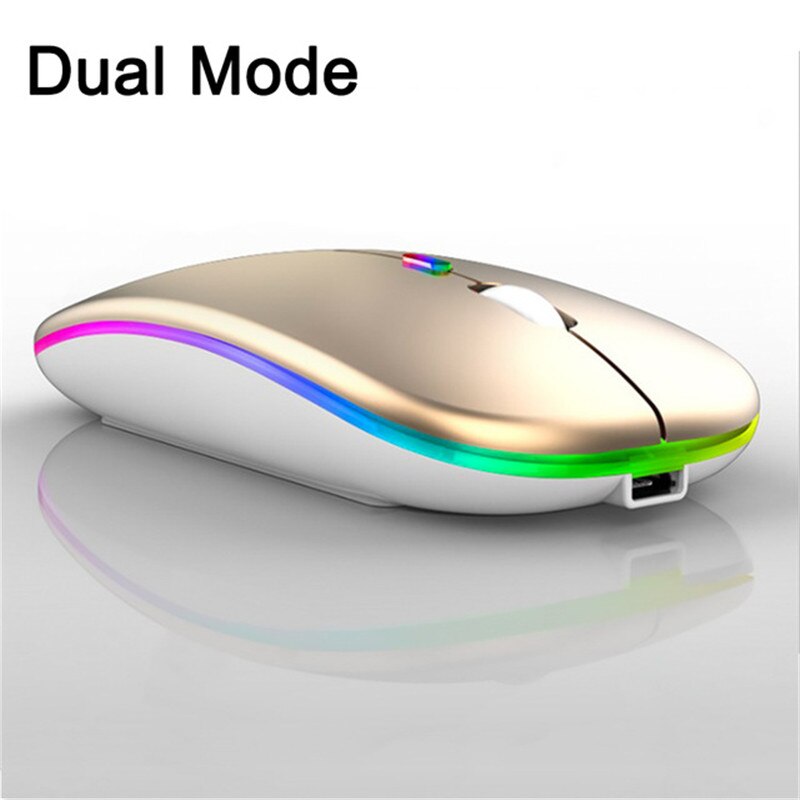 Trådløs mus super lydløs dual mode bluetooth 5.1 + 2.4gh genopladelig 1600 dpi ergonomisk spil til computer pc bærbar computer: Guld