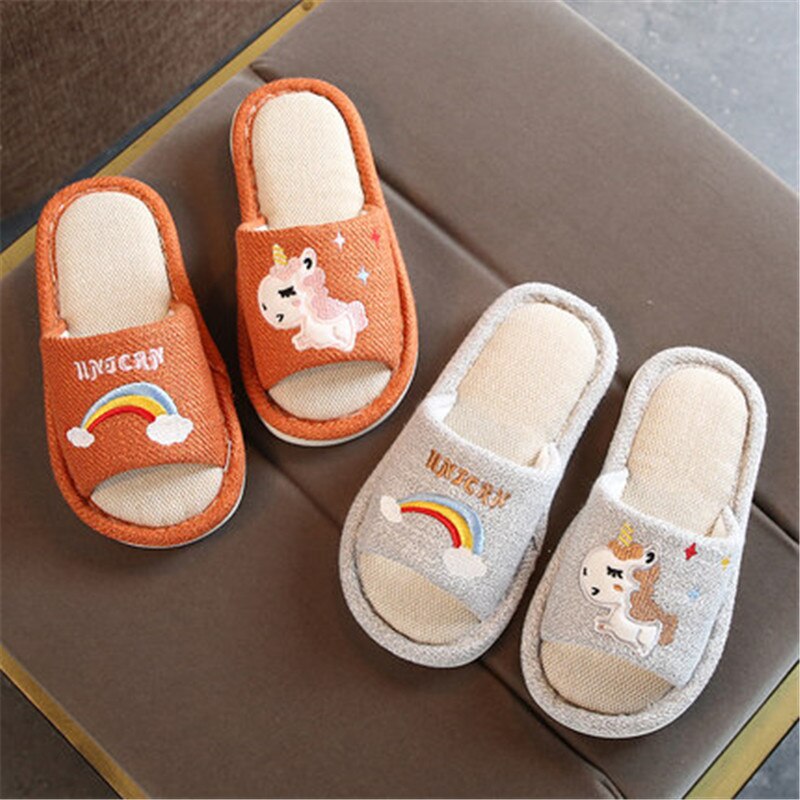 nouveaux enfants pantoufles garçon fille lin chambre tongs licorne chaussures coton pantoufles enfants hiver bébé dessin animé maison chaussures
