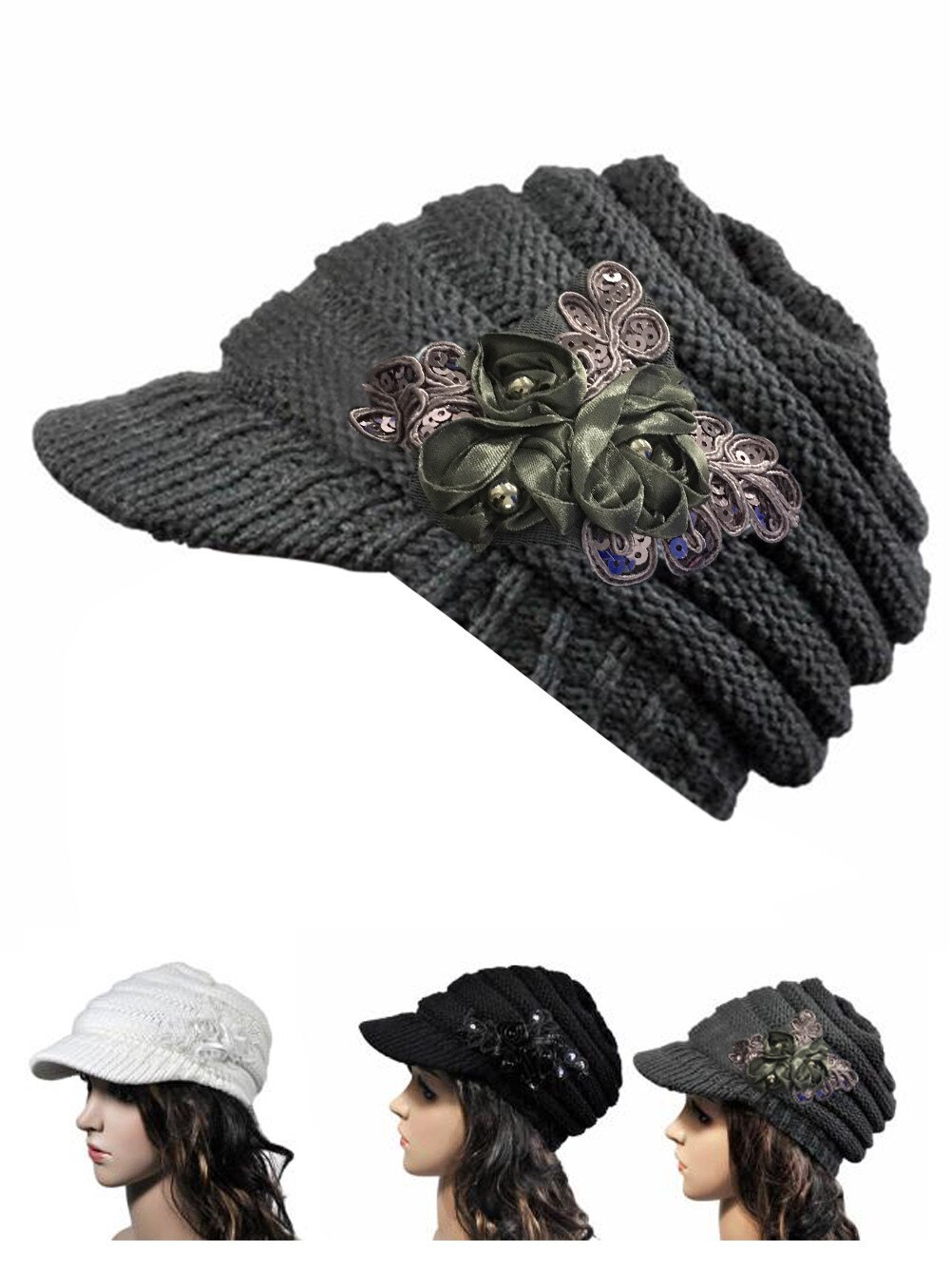 Vrouwen Gebreide Warme Muts Koreaanse Versie Van De Herfst En Winter Dames Hoed Rand Pailletten Applique Effen hoed
