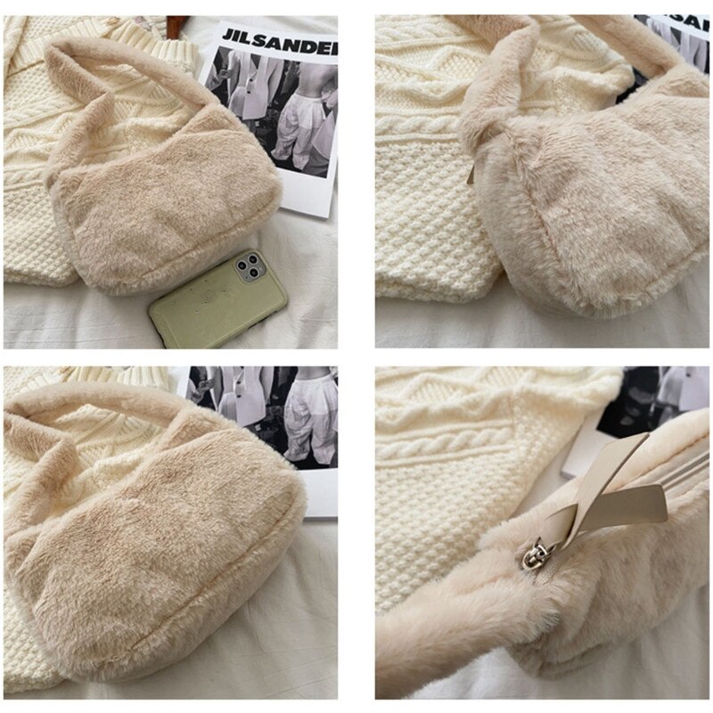 Mulheres de pelúcia ombro underarm saco macio outono inverno moda fofo feminino compras tote cor sólida casual zíper fuzzy bolsa