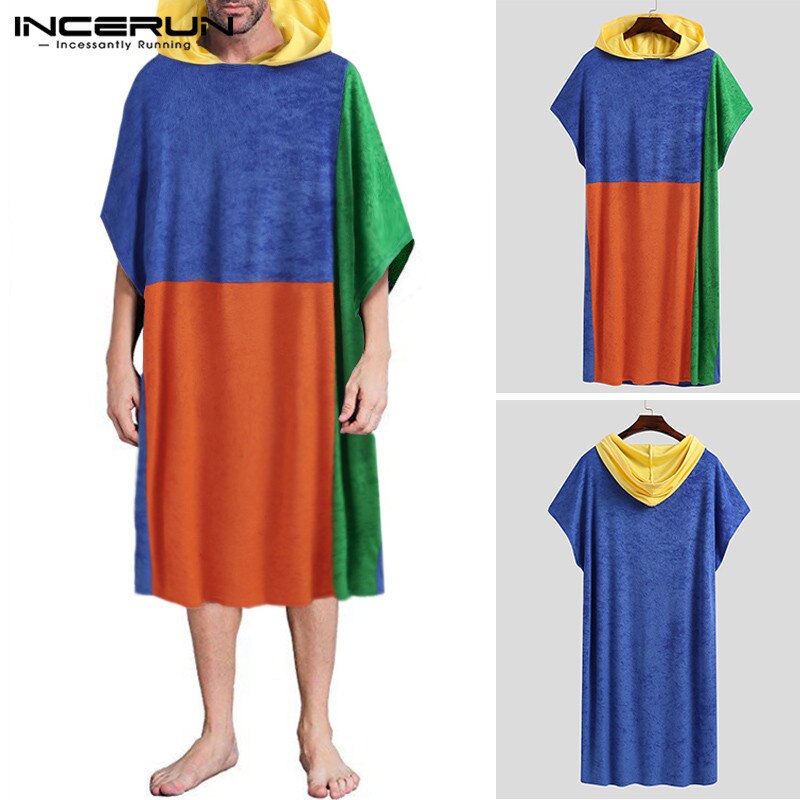 Man Losse Kleurrijke Stiksels Comfortabele Slaap Gewaden Incerun Mannen Patchwork Badjassen Casual Hooded Korte Mouw Nachtjapon S-5XL