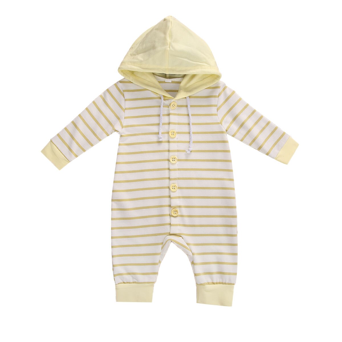 FOCUSNORM 0-24M Autumn Winter Baby Girls Boys Striped Rompers Hooded Long Sleeve Single Breasted Jumpsuits: Yellow / 24M