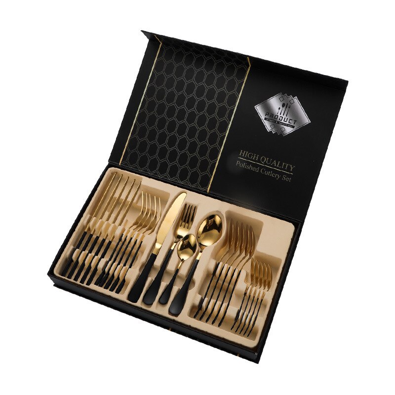 24PCS Western Kitchen Dinnerware Stainless Steel Cutlery Steak Knives Forks Dessert Spoon Tableware Set Box Party Wedding: 24PC Black Gold Box